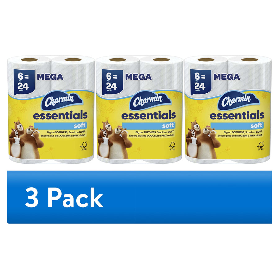 Three-pack of Charmin Essentials soft toilet paper packages with yellow label and bears mascot