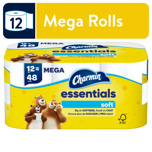 Packaged Charmin Essentials Soft toilet paper with yellow branded wrapper and bears
