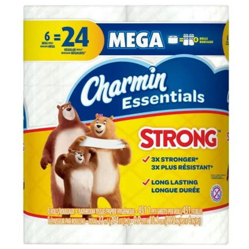 Charmin Essentials Strong mega toilet paper pack packaging showing three bear mascots and product branding