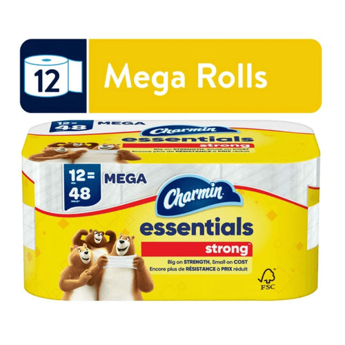 Yellow pack of Charmin Essentials Strong toilet paper featuring Charmin logo, three bears and 'Mega' label