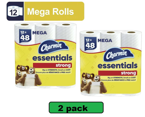 Two packs of Charmin Essentials Strong mega rolls with yellow packaging and bear mascots