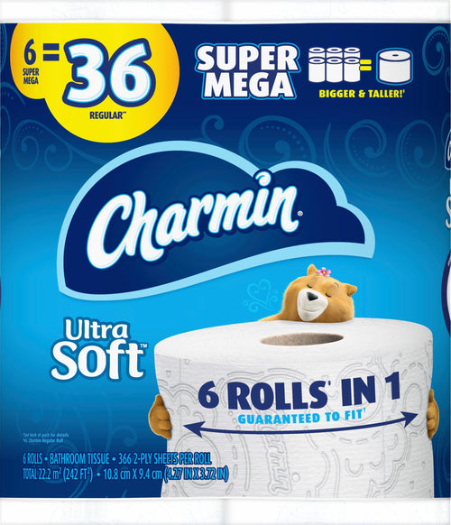 Close-up of Charmin Ultra Soft blue package showing logo, bear mascot and '6 rolls in 1' callout