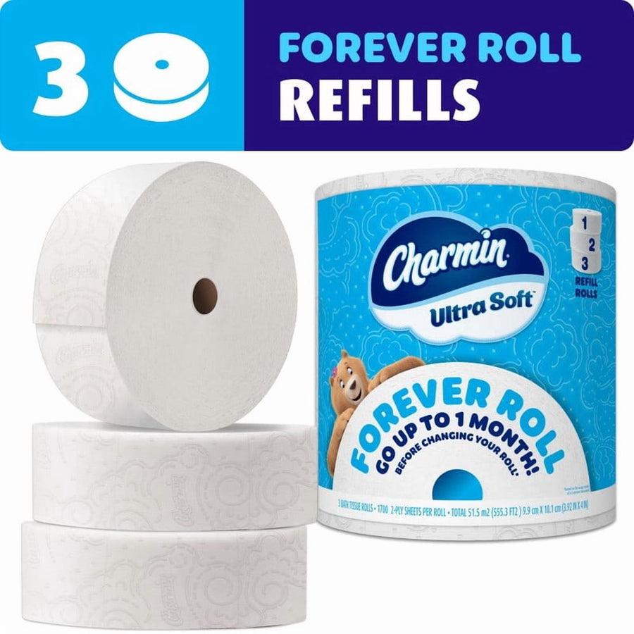 Charmin Ultra Soft Forever Roll packaging and three large white refill rolls displayed on white background.