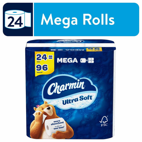 Packaged Charmin Ultra Soft mega roll pack with blue branding and bear mascot on front