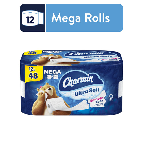 Packaged Charmin Ultra Soft toilet paper in blue mega-roll branded packaging with bear mascot