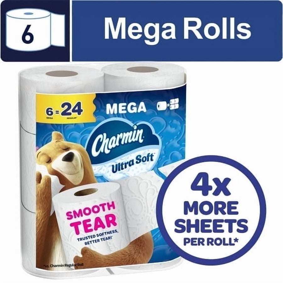 Packaged Charmin Ultra Soft mega toilet paper with bear mascot and callouts for mega rolls and 4x more sheets per roll