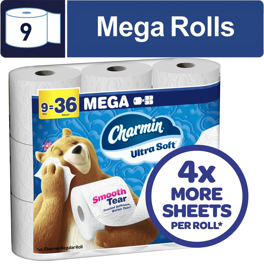 Packaged Charmin Ultra Soft toilet paper with bear mascot and '4x more sheets per roll' callout