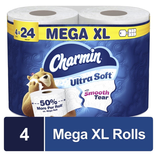 Packaged Charmin Ultra Soft Mega XL toilet paper showing two visible rolls, brand logo and packaging graphics