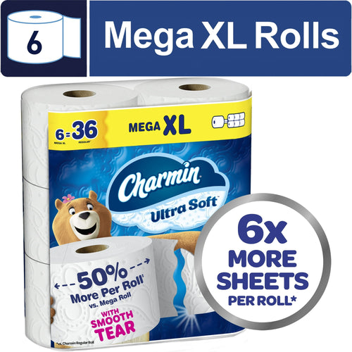 Packaged Charmin Ultra Soft toilet paper showing Mega XL packaging and a '6x more sheets per roll' badge.