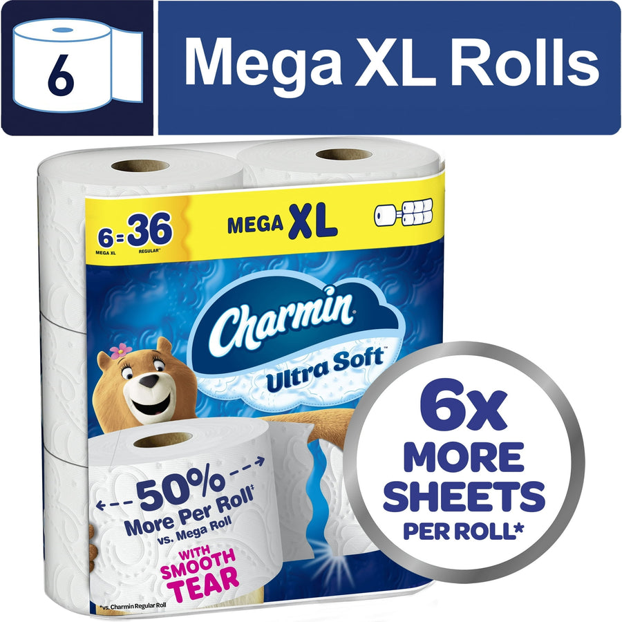 Packaged Charmin Ultra Soft toilet paper showing Mega XL packaging and a '6x more sheets per roll' badge.