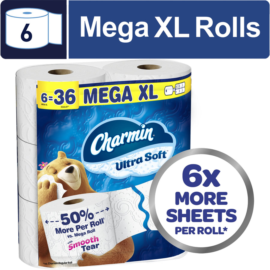 Packaged Charmin Ultra Soft Mega XL toilet paper pack with branding, bear mascot and callout '6x more sheets'