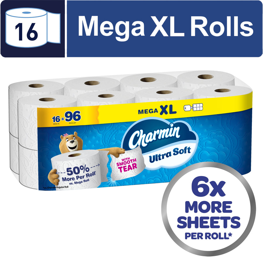 Packaged Charmin Ultra Soft Mega XL rolls with branding, bear mascot and 6x more sheets callout.