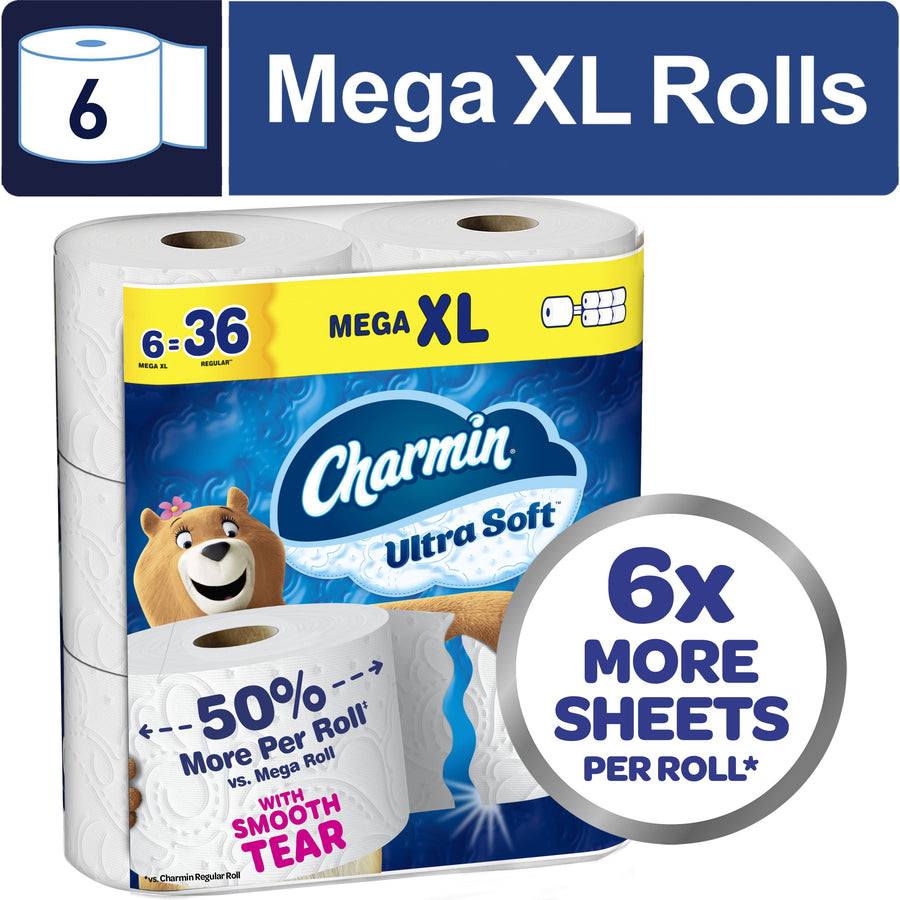 Packaged Charmin Ultra Soft toilet paper mega XL pack showing branding, bear mascot and promotional 6x more sheets badge.