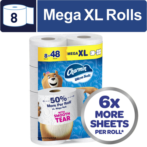 Packaged Charmin Ultra Soft Mega XL toilet paper showing eight rolls and 6x more sheets badge