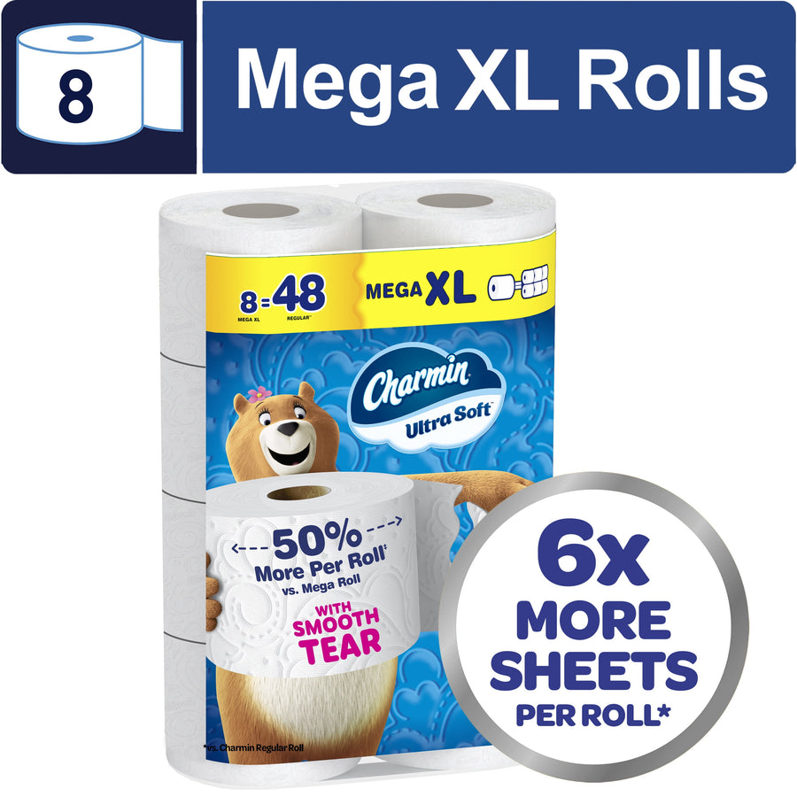 Packaged Charmin Ultra Soft Mega XL toilet paper showing eight rolls and 6x more sheets badge