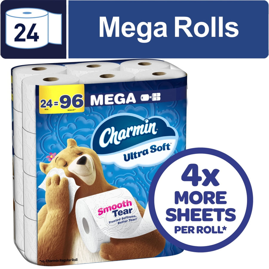 Pack of Charmin Ultra Soft toilet paper with smiling bear mascot and large '4x more sheets per roll' badge