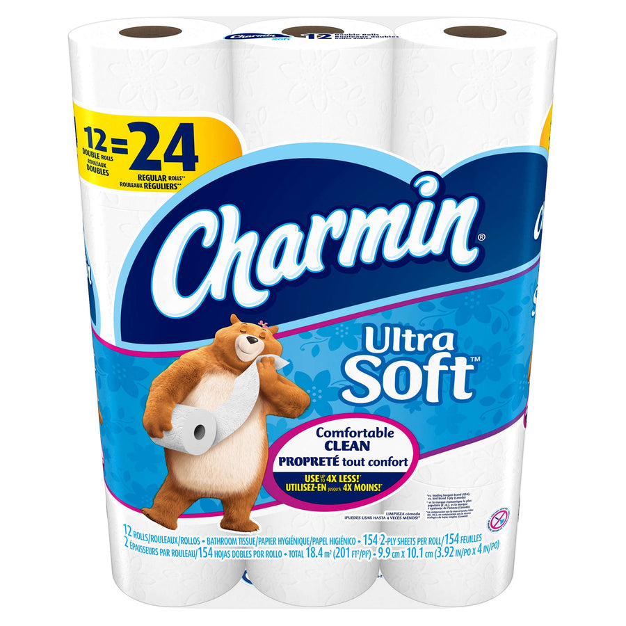 Package of Charmin Ultra Soft toilet paper with blue branding and bear mascot on white rolls