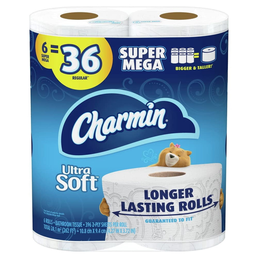 Front-packaging photo of Charmin Ultra Soft Super Mega toilet paper pack showing logo, bear and 'Longer Lasting Rolls' text.