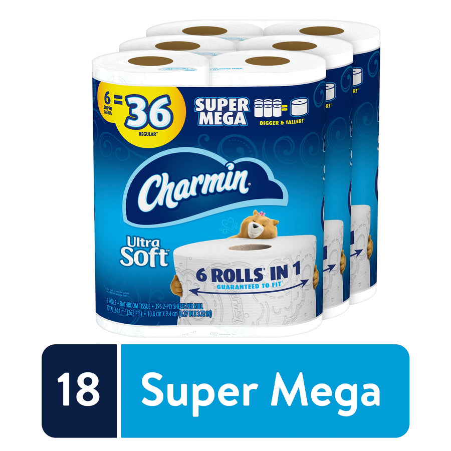 Packaged Charmin Ultra Soft Super Mega rolls with blue branding and a label reading “6 rolls in 1” and “Super Mega.”