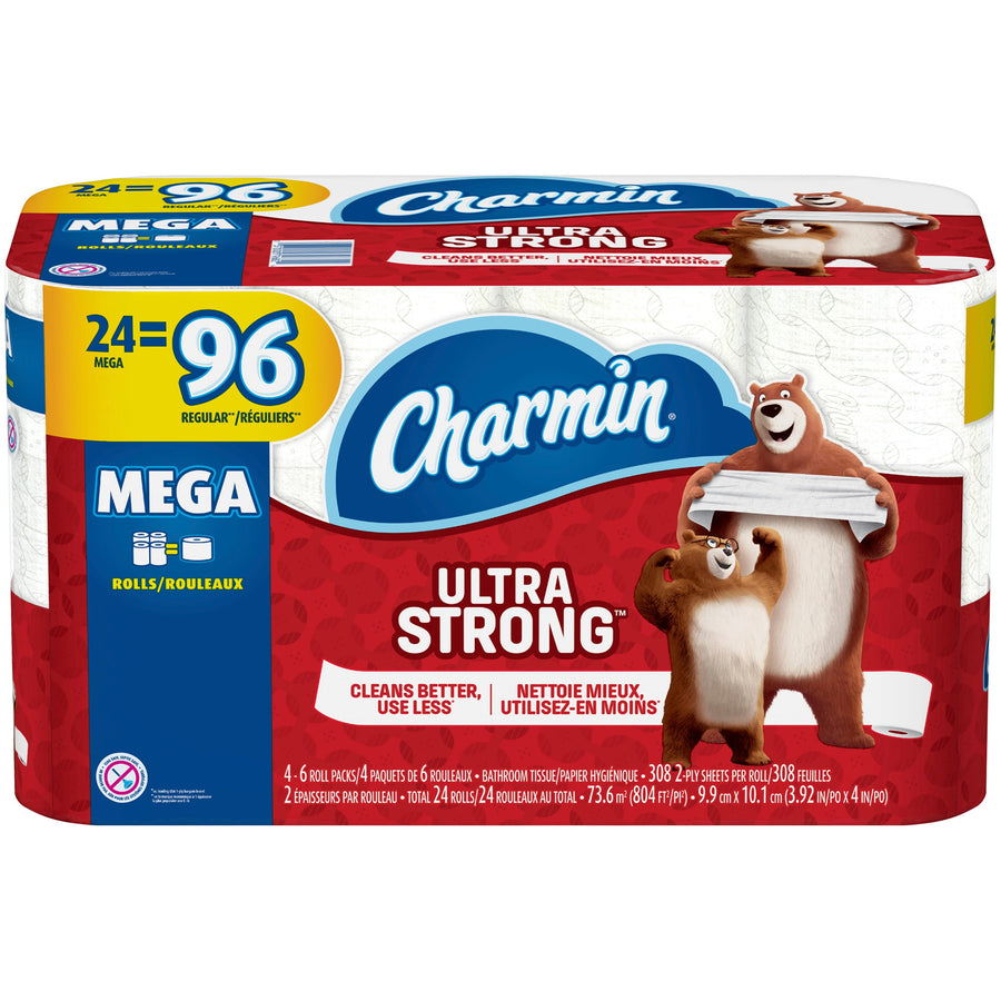 Packaged Charmin Ultra Strong toilet paper 24 mega rolls pack with red branding and Charmin bear artwork