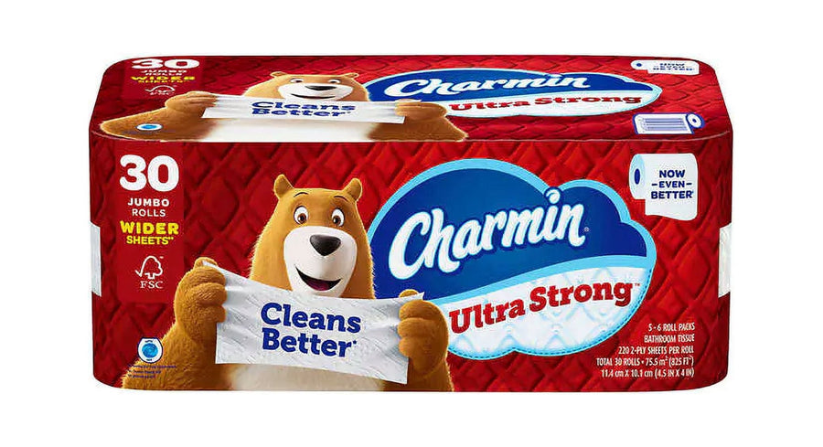 Front-facing Charmin Ultra Strong 30-roll pack with bear mascot holding a 'Cleans Better' sheet.