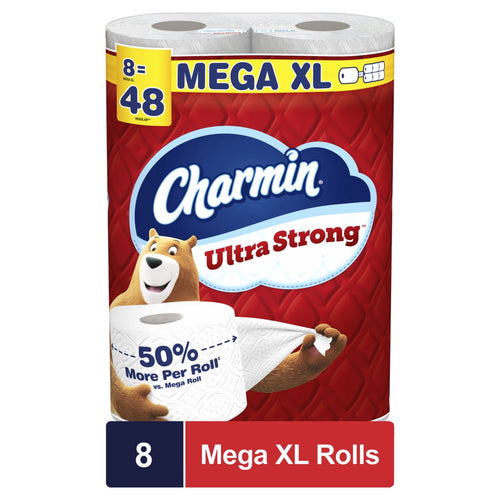 Packaged Charmin Ultra Strong toilet paper 8 Mega XL rolls in red branded packaging with bear mascot