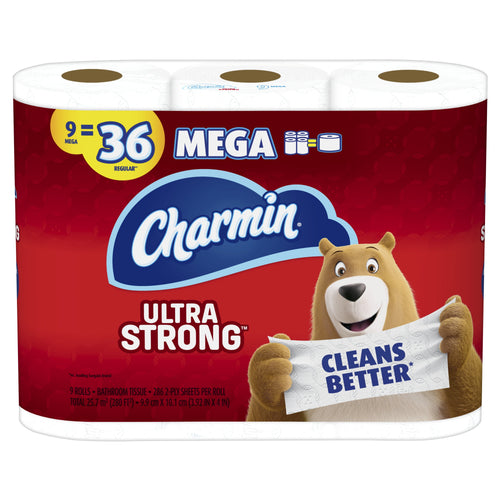 Front-facing Charmin Ultra Strong multi-roll package showing brand logo, bear mascot and 'Mega' callout
