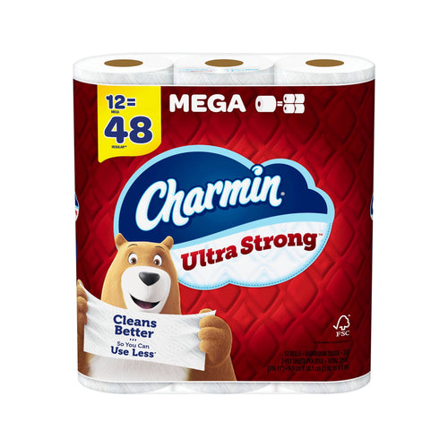 Front-facing Charmin Ultra Strong red pack with bear mascot holding a sheet and '12=48' mega callout.