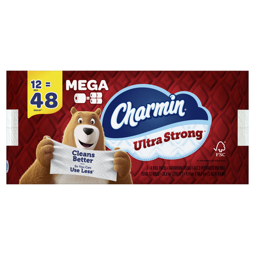 Front-facing Charmin Ultra Strong package with bear mascot holding a sheet and mega roll callout