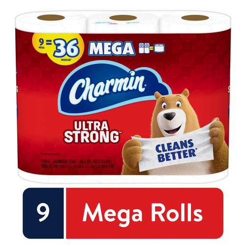 Front-facing Charmin Ultra Strong package with bear mascot and 'Cleans Better' banner on red Mega pack