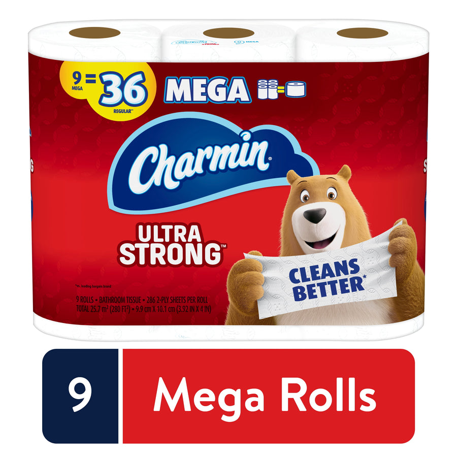 Front-facing Charmin Ultra Strong package with bear mascot and 'Cleans Better' banner on red Mega pack