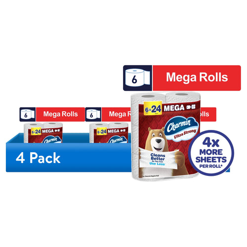 Charmin Ultra Strong mega roll pack and retail shelf display graphic with 4x more sheets callout.