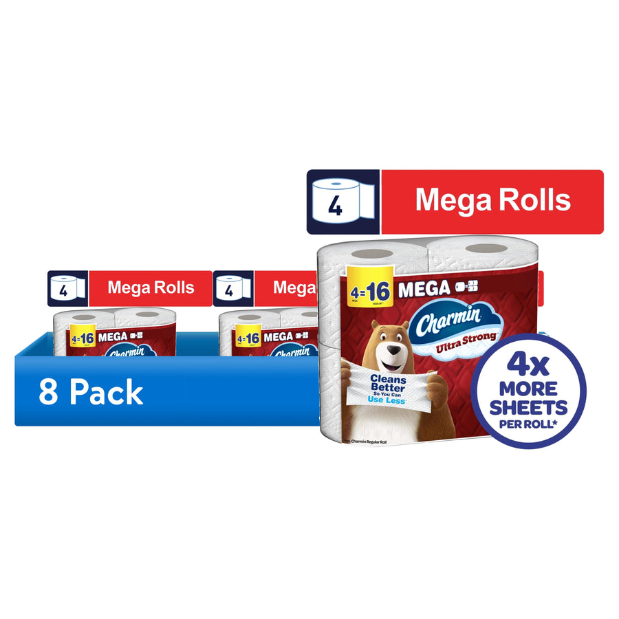 Illustrated pack of Charmin Ultra Strong mega rolls with 8-pack banner and 4x more sheets callout on white background