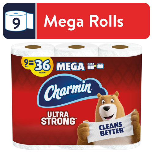 Packaged Charmin Ultra Strong toilet paper with red label, bear mascot and 'Cleans Better' banner