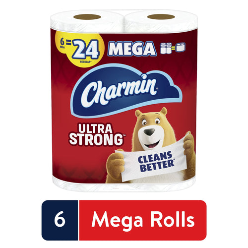 Packaged Charmin Ultra Strong mega rolls with bear mascot holding a 'CLEANS BETTER' banner on red packaging