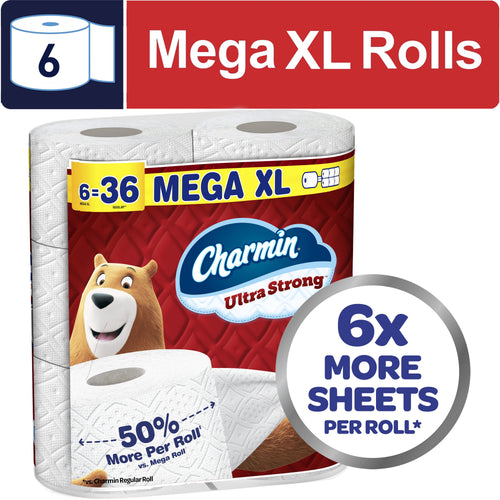 Pack of Charmin Ultra Strong Mega XL toilet paper rolls with 6x more sheets badge and bear mascot