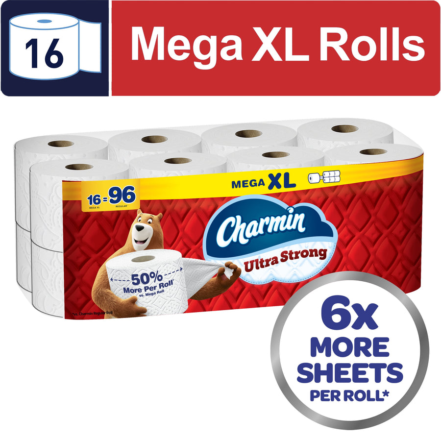 Packaged Charmin Ultra Strong Mega XL toilet paper pack with visible rolls and 6x more sheets badge on white background