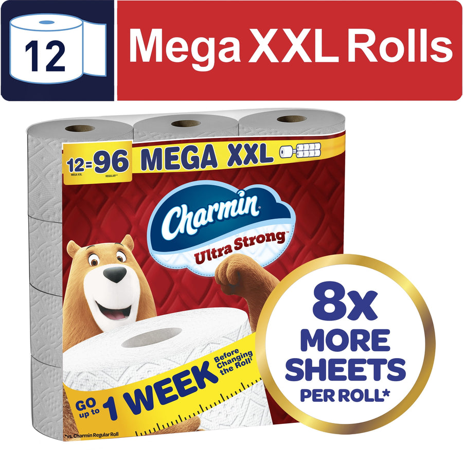 Packaged Charmin Ultra Strong Mega XXL rolls with brand logo and 8x more sheets badge