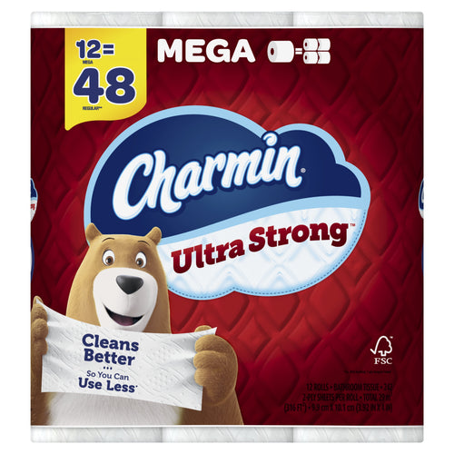 Close-up of Charmin Ultra Strong red packaging with bear mascot holding a sheet that reads 'Cleans Better'.