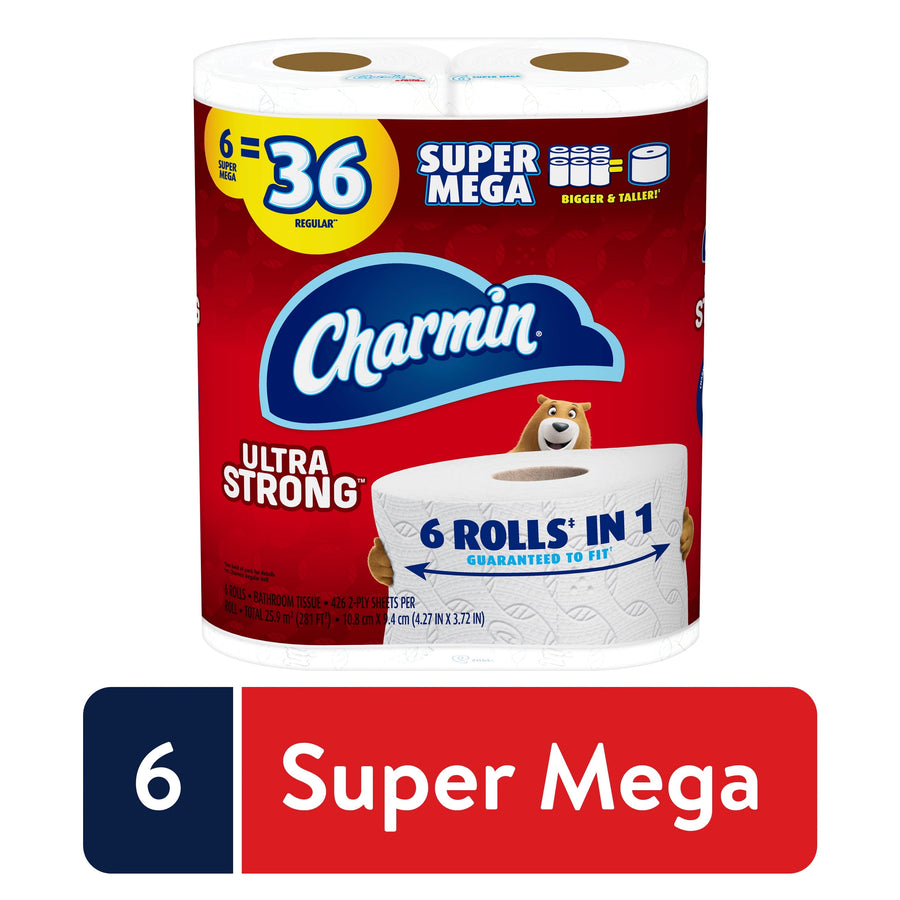 Packaged Charmin Ultra Strong toilet paper six-pack showing Charmin logo, bear mascot and Super Mega label on red background.
