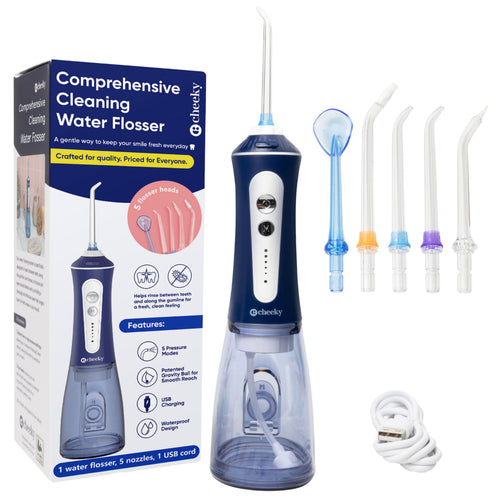 Cheeky cordless blue water flosser with clear 300ml tank, five replaceable nozzles, USB cable and product box
