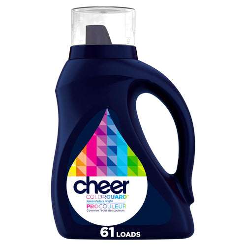 Front view navy Cheer Colorguard liquid detergent bottle with colorful triangular logo and '61 loads' on label.