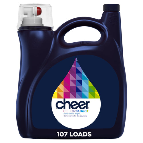 Dark blue Cheer laundry detergent jug with colorful droplet logo and '107 loads' label on front.