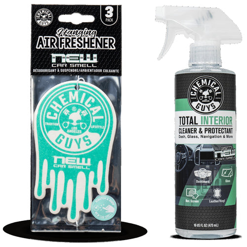 Chemical Guys packaged teal 'New Car Smell' hanging air freshener beside a Total Interior cleaner & protectant spray bottle
