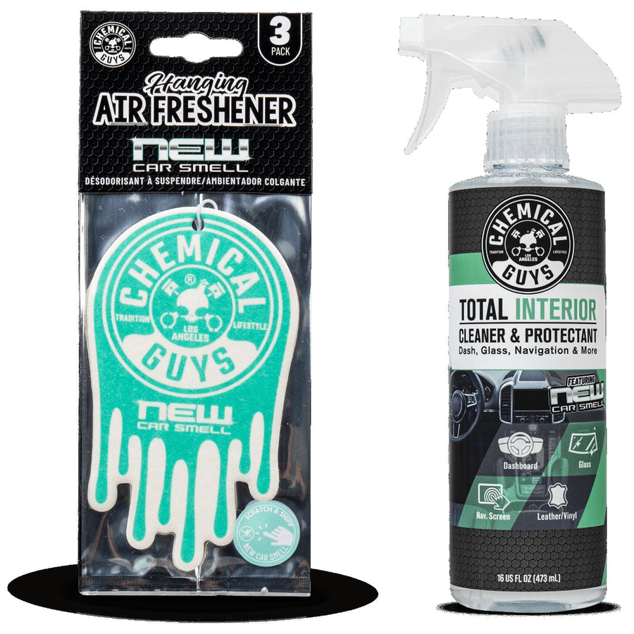 Chemical Guys packaged teal 'New Car Smell' hanging air freshener beside a Total Interior cleaner & protectant spray bottle