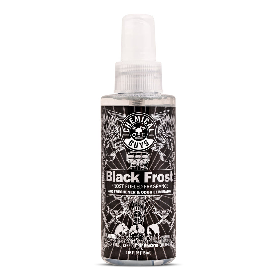 Clear spray bottle of Chemical Guys Black Frost air freshener with black illustrated label