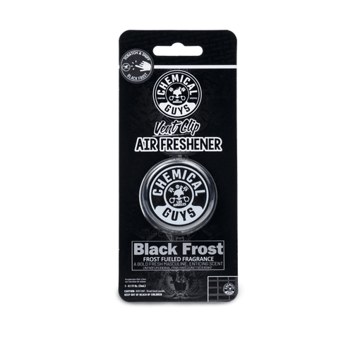 Chemical Guys Black Frost vent-clip air freshener in original black retail blister packaging, front view