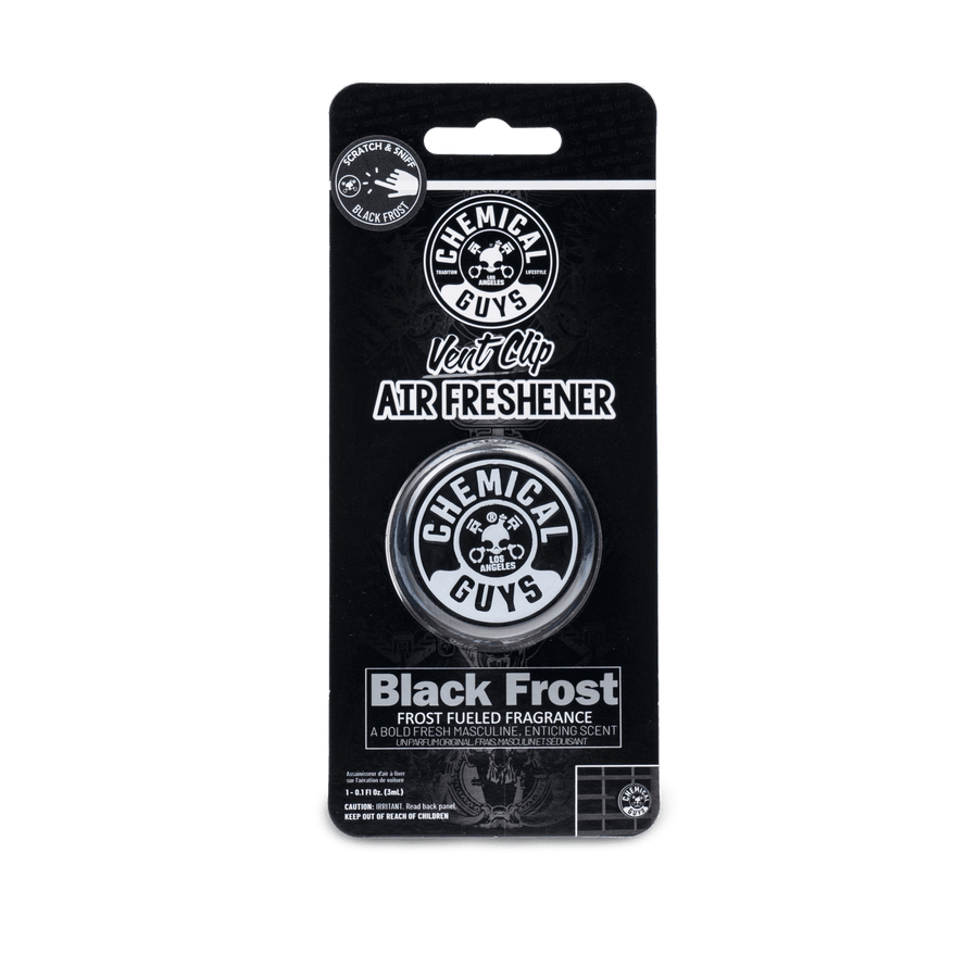 Chemical Guys Black Frost vent-clip air freshener in original black retail blister packaging, front view