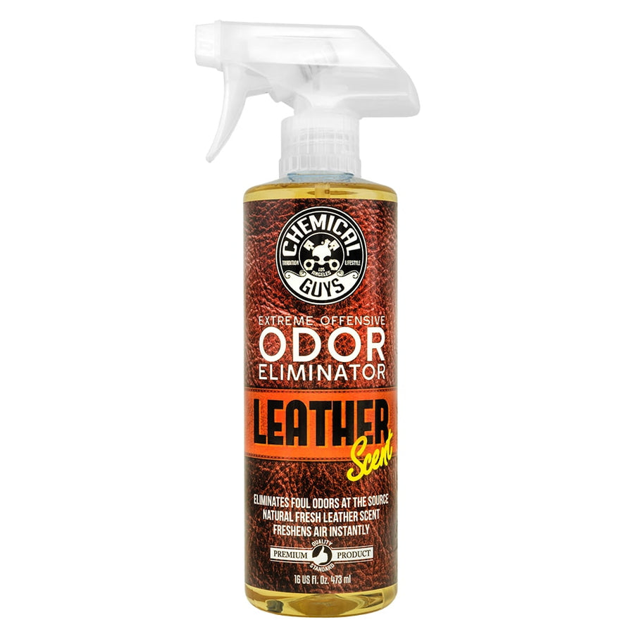 Spray bottle of Chemical Guys Extreme Offensive Odor Eliminator in leather scent on white background