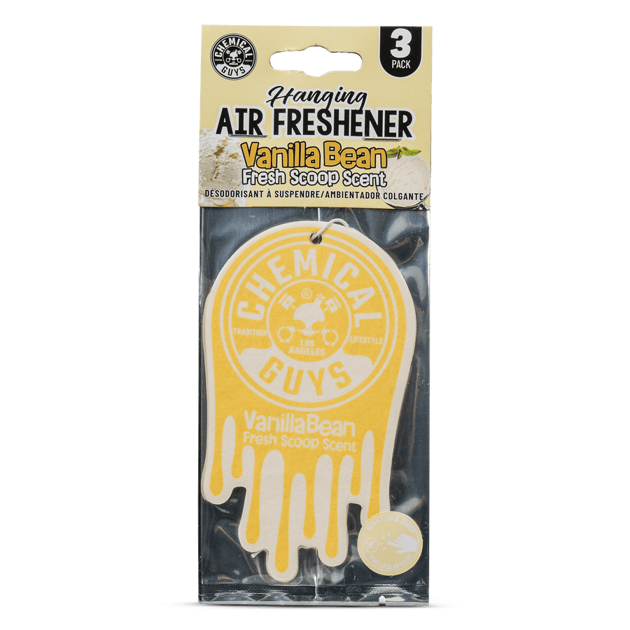 Packaged Chemical Guys hanging air freshener in vanilla bean 'drip' shape visible in clear plastic blister pack